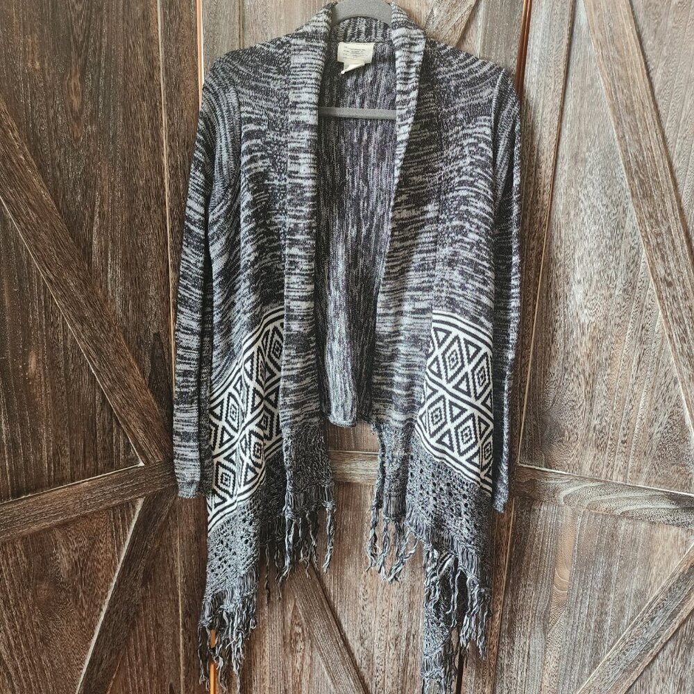 Billabong Open Front Cardigan‎ Tribal Aztec Fringe Black/White Sweater Size S